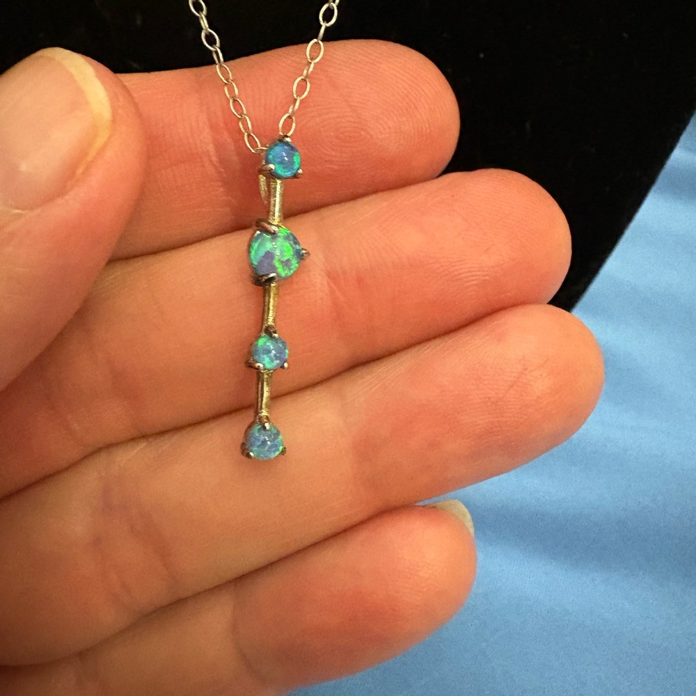 Blue Opal 4 Stone 1.2” Pendant And 18” Chain 925 Sterling Very Dainty SU CH - Picture 7 of 8